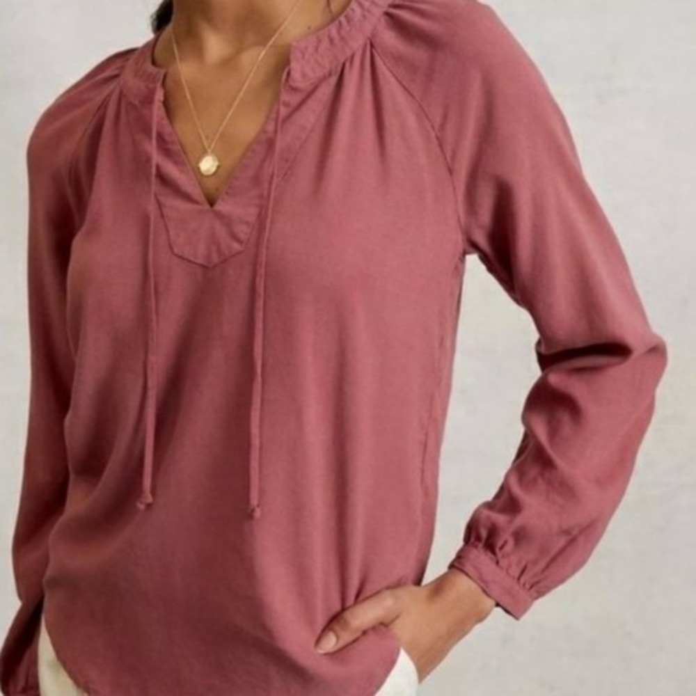 Cloth‎ & Stone Anthropologie Med Becky Mauve Tie Neck Peasant Blouse Long Sleeve